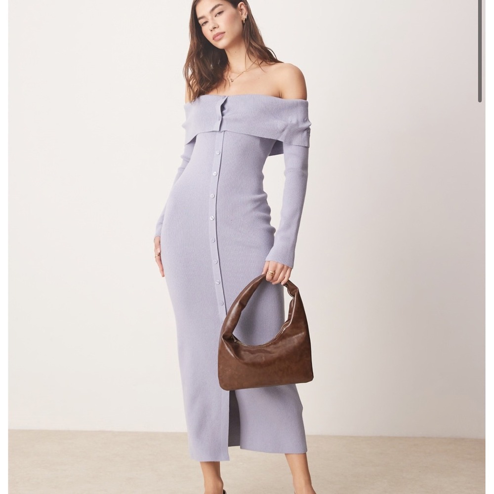 Abercrombie Fitch Ribbed Fold Over Off Shoulder Button Front Midi Dress Lilac L